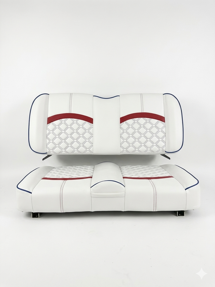 The Patriot custom golf cart seat, White base with Amarillo Red x-diamond inserts