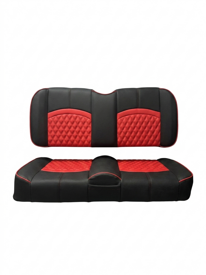 Blackout Red custom golf cart seat, Cattleman Black base with Amarillo Red double diamond inserts