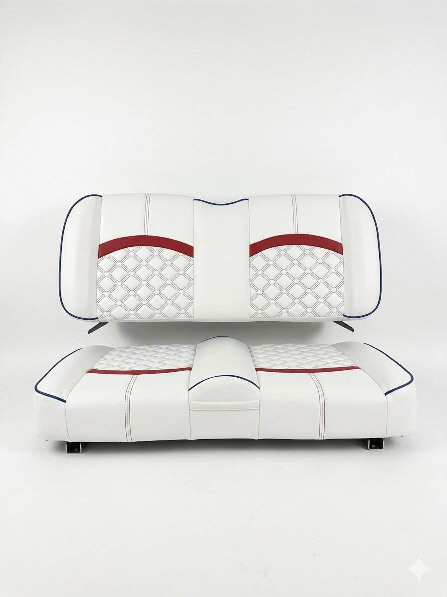 The Patriot custom golf cart seat, White base with Amarillo Red x-diamond inserts