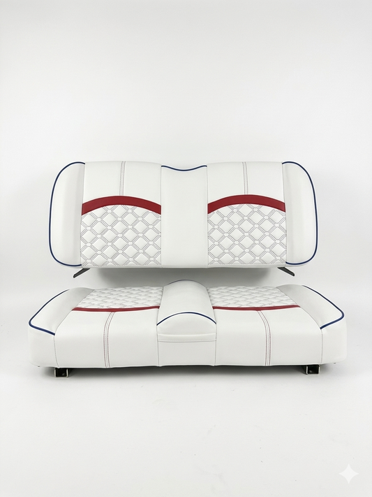 The Patriot custom golf cart seat, White base with Amarillo Red x-diamond inserts