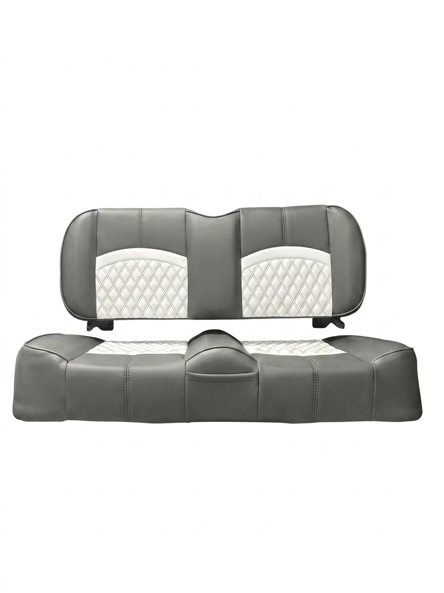 Tuxedo Black custom golf cart seat, Cattleman Black base with White double diamond inserts