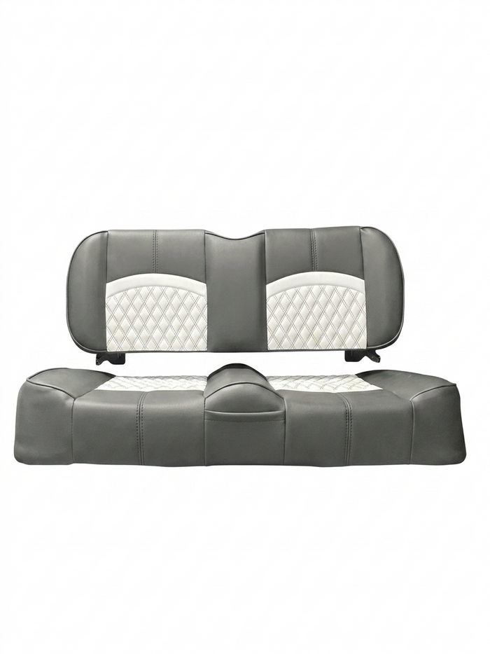 Tuxedo Black custom golf cart seat, Cattleman Black base with White double diamond inserts