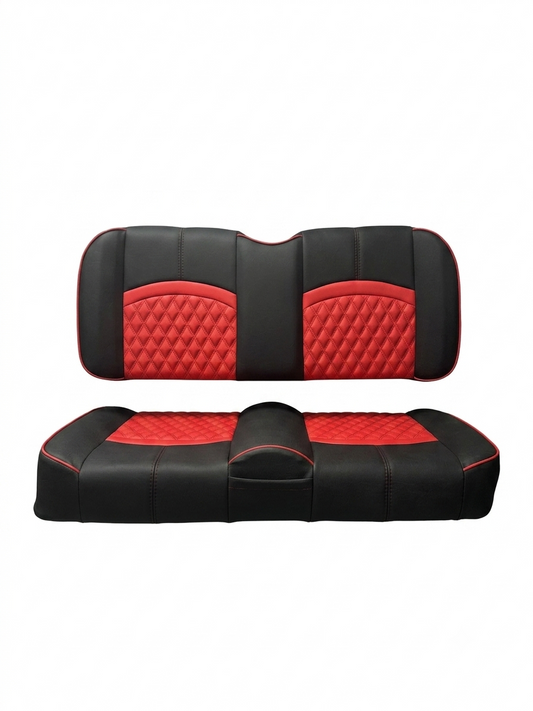 Blackout Red custom golf cart seat, Cattleman Black base with Amarillo Red double diamond inserts