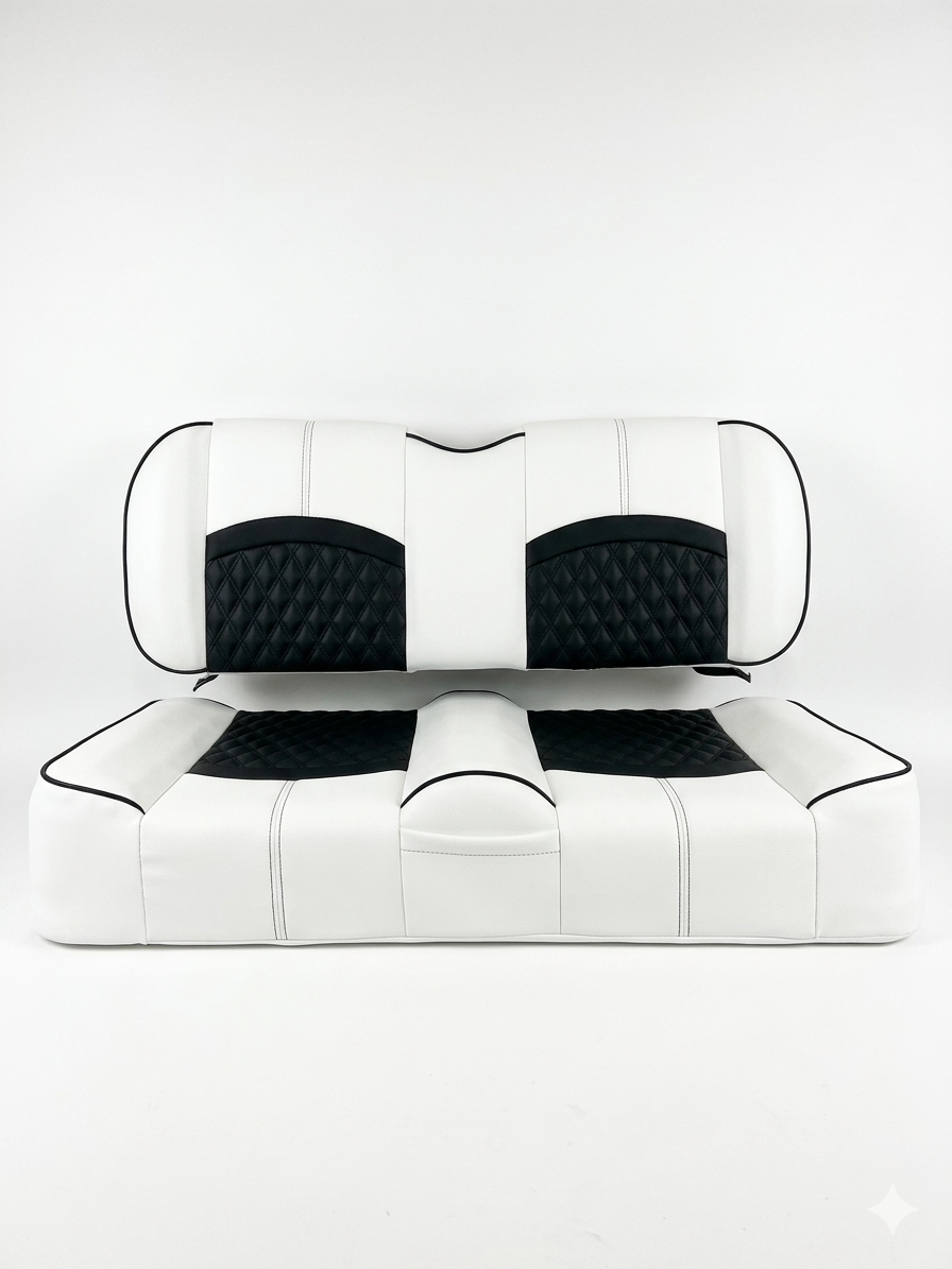 Tuxedo custom golf cart seat, White base with Cattleman Black double diamond inserts
