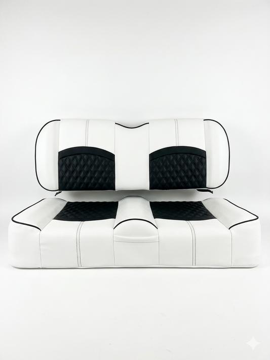 Tuxedo custom golf cart seat, White base with Cattleman Black double diamond inserts