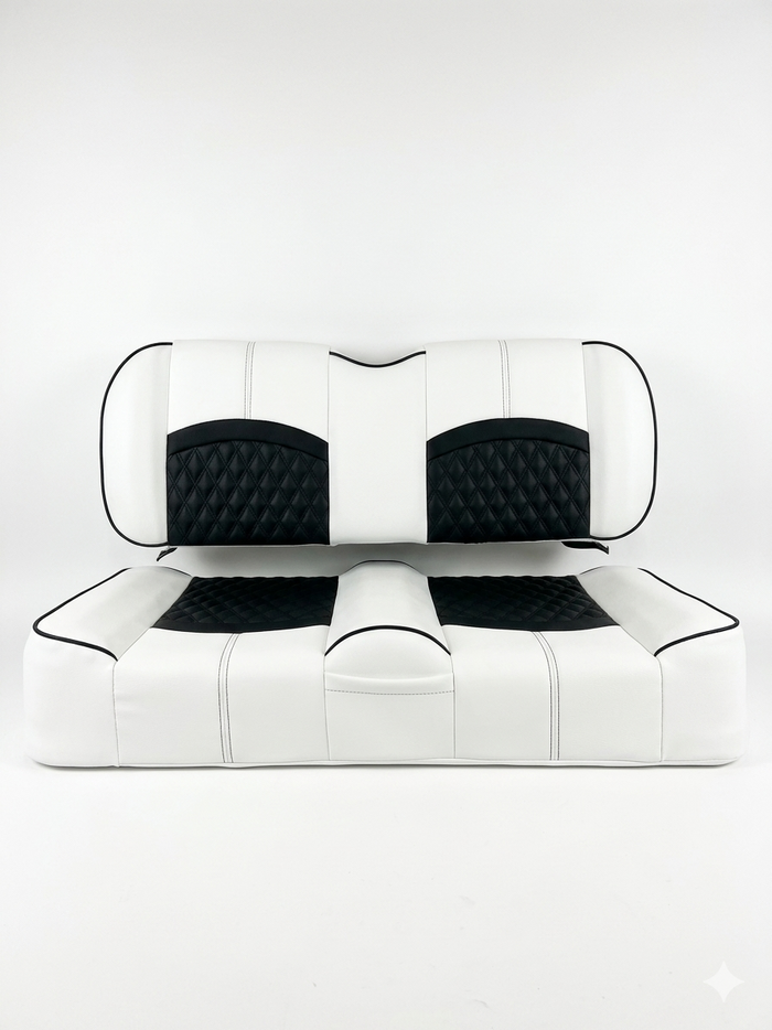 Tuxedo custom golf cart seat, White base with Cattleman Black double diamond inserts